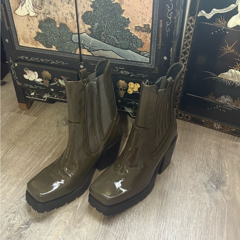Olive Green Sabine Chelsea Moto Patent Leather Boots - Picture 4 of 10